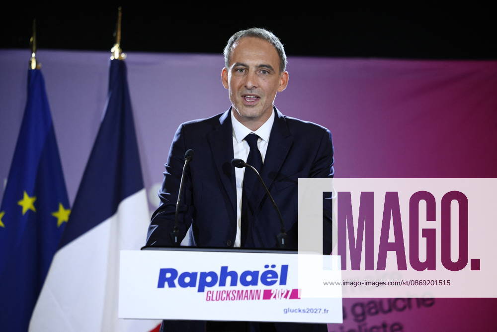 Announcement of the result for the first round of Socialist and Democratic Left primary - Paris Candidate in the Socialist (PS) and centre-left Place Publique (PP) parties primary Raphael Glucksmann delievers a speech after the announcement of the result for the first round of voting in the primary organized by the Socialist Party, Place Publique (PP), and the Republican and Socialist Left, ahead of France s 2027 presidential election, at Solaris in Paris, France on October 11, 2026. Candidate in the Socialist (PS) and centre-left Place Publique (PP) parties primary ahead of France s 2027 presidential election and MEP Raphaël Glucksmann was elected on October 11 2026. Photo by Raphael Lafargue ABACAPRESS.COM Paris France