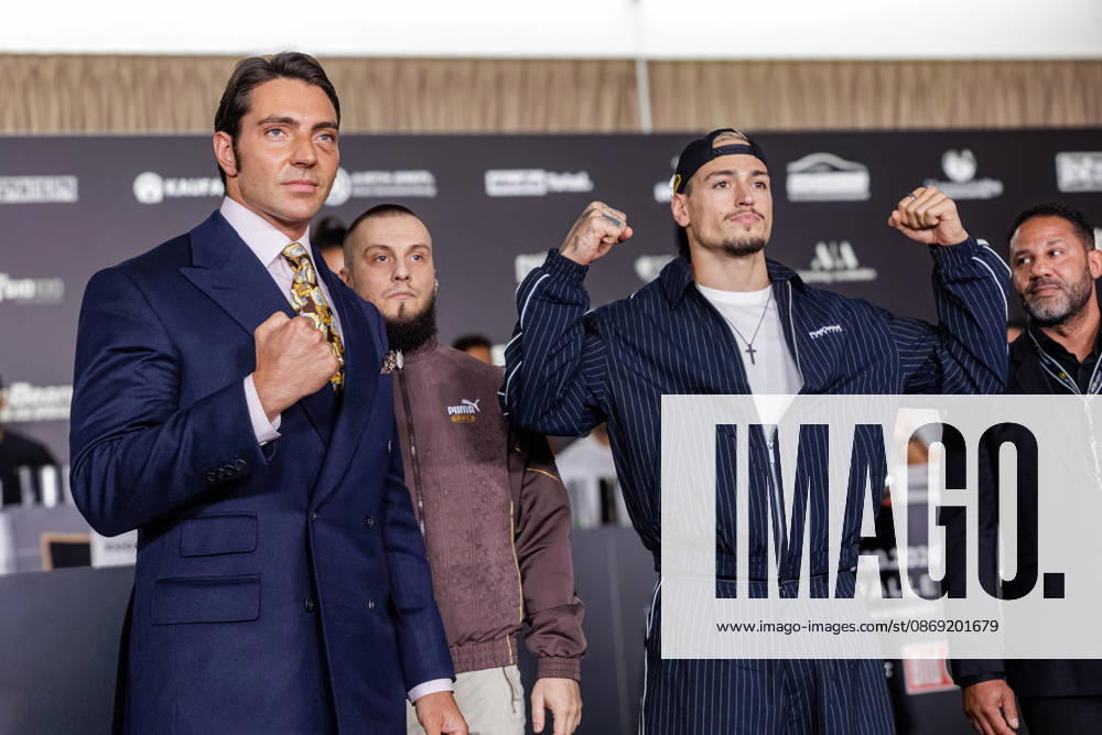 Essen. (l-r) Fabio Knez und Max Bornmann bei der Pressekonferenz zum Fame Fighting 4 Promiboxen. Essen Atlantic Hotel Nordrhein-Westfalen Deutschland