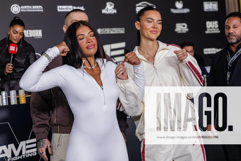 Essen. (l-r) Hati Suarez und Nelly Noire bei der Pressekonferenz zum Fame Fighting 4 Promiboxen. Essen Atlantic Hotel Nordrhein-Westfalen Deutschland