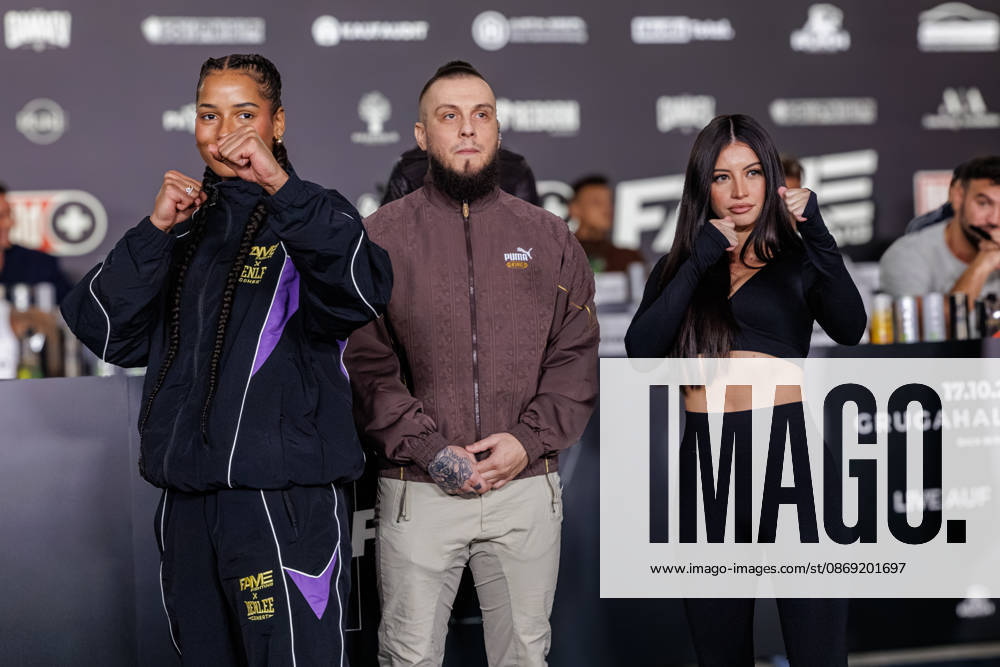 Essen. (l-r) Brenda Brinkmann, Eugen Lopez und Gabriela Alves bei der Pressekonferenz zum Fame Fighting 4 Promiboxen. Essen Atlantic Hotel Nordrhein-Westfalen Deutschland