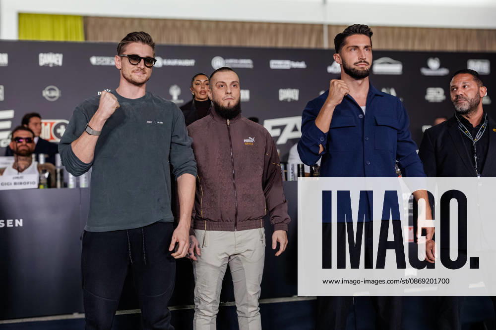 Essen. (l-r) Tommy Pedroni, Eugen Lopez und Lorik Bunjaku bei der Pressekonferenz zum Fame Fighting 4 Promiboxen. Essen Atlantic Hotel Nordrhein-Westfalen Deutschland