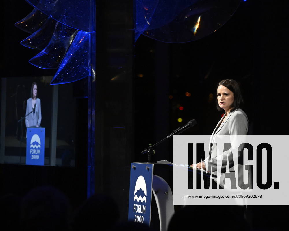Belarusian opposition leader Sviatlana Tsikhanouskaya speaks at the opening of the 30th annual Forum 2000 conference in Prague, on October 11, 2026. (CTKxPhoto MichalxKrumphanzl) CTKPhotoP2026101106852 CTKPhotoP2026101106852