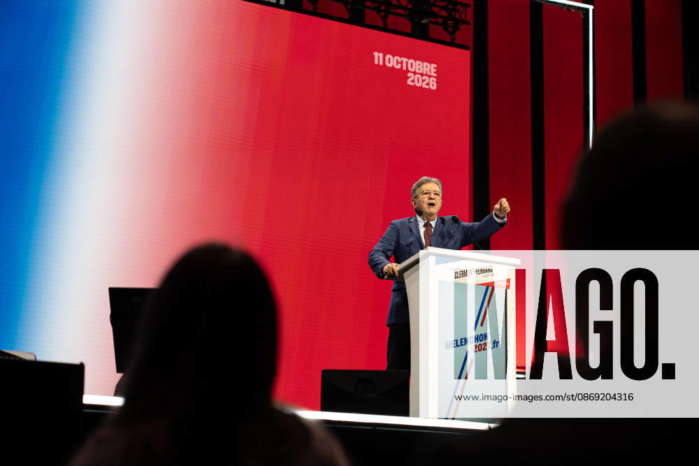 CLERMONT-FERRAND, FRANCE - OCTOBER 11, 2026: Jean-Luc Melenchon, leader of the far-left party La France Insoumise (LFI) and 2027 presidential candidate, delivers a speech during a major political rally at the Zenith d Auvergne in Clermont-Ferrand, France, on October 11, 2026. Around 10,000 supporters gathered at the venue to attend the campaign event. Clermont-Ferrand France - ZUMAa252 20261011_zip_a252_010