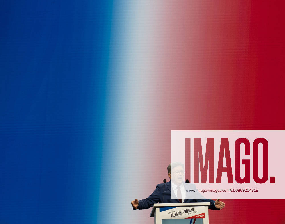 CLERMONT-FERRAND, FRANCE - OCTOBER 11, 2026: Jean-Luc Melenchon, leader of the far-left party La France Insoumise (LFI) and 2027 presidential candidate, delivers a speech during a major political rally at the Zenith d Auvergne in Clermont-Ferrand, France, on October 11, 2026. Around 10,000 supporters gathered at the venue to attend the campaign event. Clermont-Ferrand France - ZUMAa252 20261011_zip_a252_011