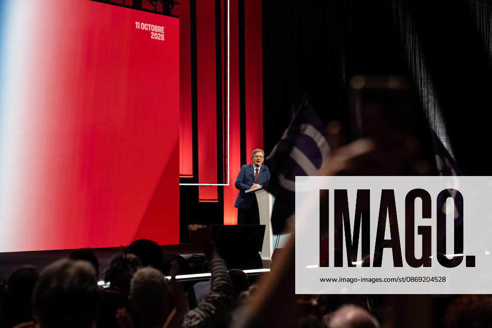 CLERMONT-FERRAND, FRANCE - OCTOBER 11, 2026: Jean-Luc Melenchon, leader of the far-left party La France Insoumise (LFI) and 2027 presidential candidate, delivers a speech during a major political rally at the Zenith d Auvergne in Clermont-Ferrand, France, on October 11, 2026. Around 10,000 supporters gathered at the venue to attend the campaign event. Clermont-Ferrand France - ZUMAa252 20261011_zip_a252_015