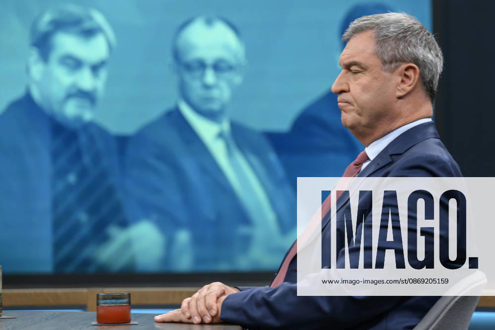 Im Bild v.l.: Markus Söder, Ministerpräsident Bayern, CSU, GER, Berlin, Studio, zu Gast bei - Caren Miosga, Polittalk, TV, Format, Das Erste, aus Berlin Adlershof - am Studio 20, Thema: Wie kommt die Regierung aus der Krise, Herr Söder? 11.10.2026,