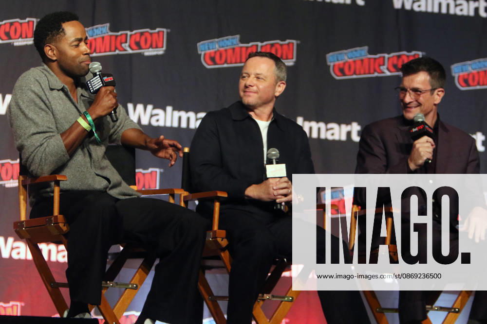 NEW YORK, NY- OCTOBER 11: Jay Ellis, Alexi Hawley and Nathan Fillion pictured at The Rookie panel during New York Comic Con 2026 at Javits Center on October 11, 2026 in New York City.