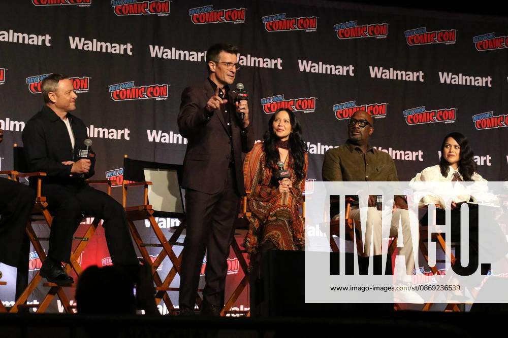 NEW YORK, NY- OCTOBER 11: Alexi Hawley, Nathan Fillion, Melissa O Neil, Richard T. Jones and Alyssa Diaz pictured at The Rookie panel during New York Comic Con 2026 at Javits Center on October 11, 2026 in New York City.