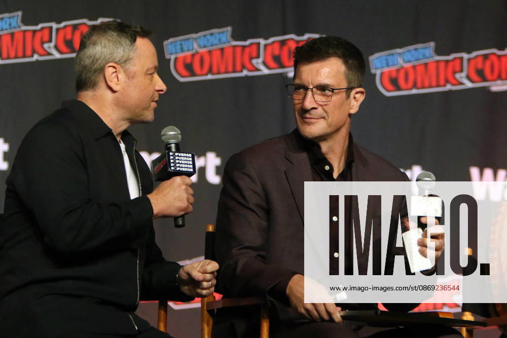 NEW YORK, NY- OCTOBER 11: Alexi Hawley and Nathan Fillion pictured at The Rookie panel during New York Comic Con 2026 at Javits Center on October 11, 2026 in New York City.