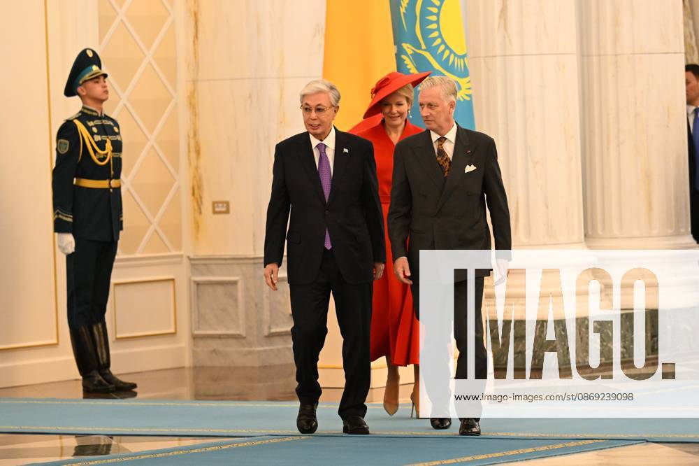 Kazakhstan s President Kassym-Jomart Tokayev; Queen Mathilde of Belgium and King Philippe - Filip of Belgium pictured at the welcome ceremony at the presidential palace during the official state visit of the Belgian King and Queen to Kazakhstan, on Monday 12 October 2026. The first State Visit of Belgium s royal couple in central Asia from 11 to 14 October 2026, aims to highlight bilateral cooperation in the economic, academic, and cultural fields. POOLxDIDIERxLEBRUN 189535847
