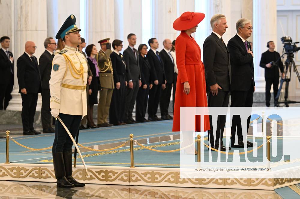 Queen Mathilde of Belgium; King Philippe - Filip of Belgium and Kazakhstan s President Kassym-Jomart Tokayev pictured at the welcome ceremony at the presidential palace during the official state visit of the Belgian King and Queen to Kazakhstan, on Monday 12 October 2026. The first State Visit of Belgium s royal couple in central Asia from 11 to 14 October 2026, aims to highlight bilateral cooperation in the economic, academic, and cultural fields. POOLxDIDIERxLEBRUN 189535864
