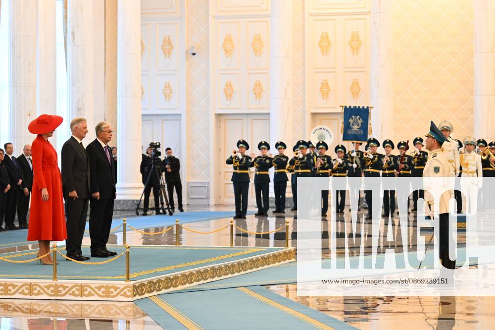 Queen Mathilde of Belgium; King Philippe - Filip of Belgium and Kazakhstan s President Kassym-Jomart Tokayev pictured at the welcome ceremony at the presidential palace during the official state visit of the Belgian King and Queen to Kazakhstan, on Monday 12 October 2026. The first State Visit of Belgium s royal couple in central Asia from 11 to 14 October 2026, aims to highlight bilateral cooperation in the economic, academic, and cultural fields. POOLxDIDIERxLEBRUN 189535856
