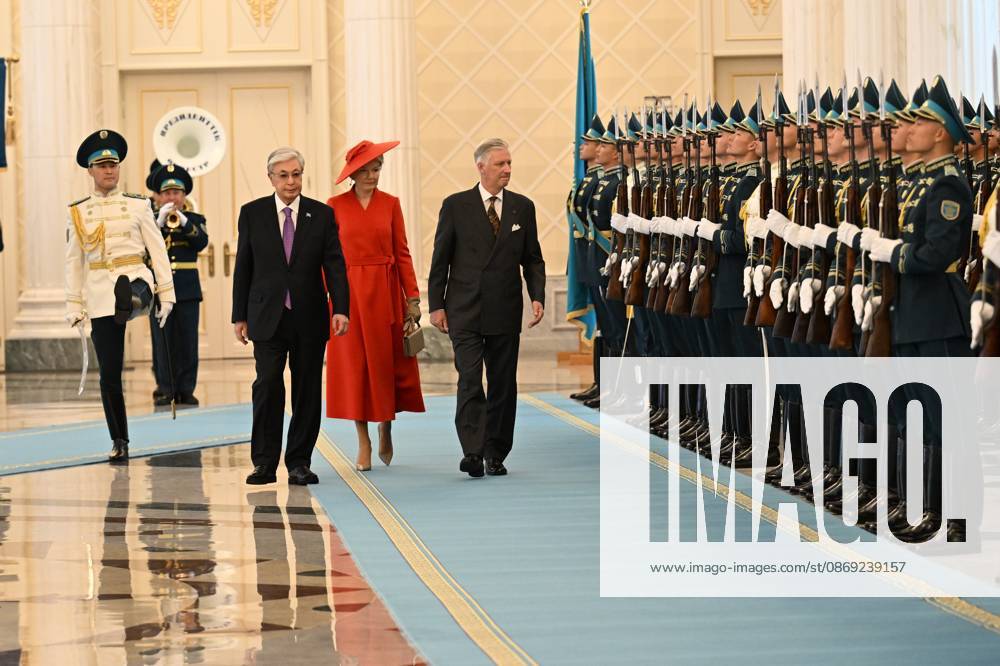 Kazakhstan s President Kassym-Jomart Tokayev; Queen Mathilde of Belgium and King Philippe - Filip of Belgium pictured at the welcome ceremony at the presidential palace during the official state visit of the Belgian King and Queen to Kazakhstan, on Monday 12 October 2026. The first State Visit of Belgium s royal couple in central Asia from 11 to 14 October 2026, aims to highlight bilateral cooperation in the economic, academic, and cultural fields. POOLxDIDIERxLEBRUN 189535882