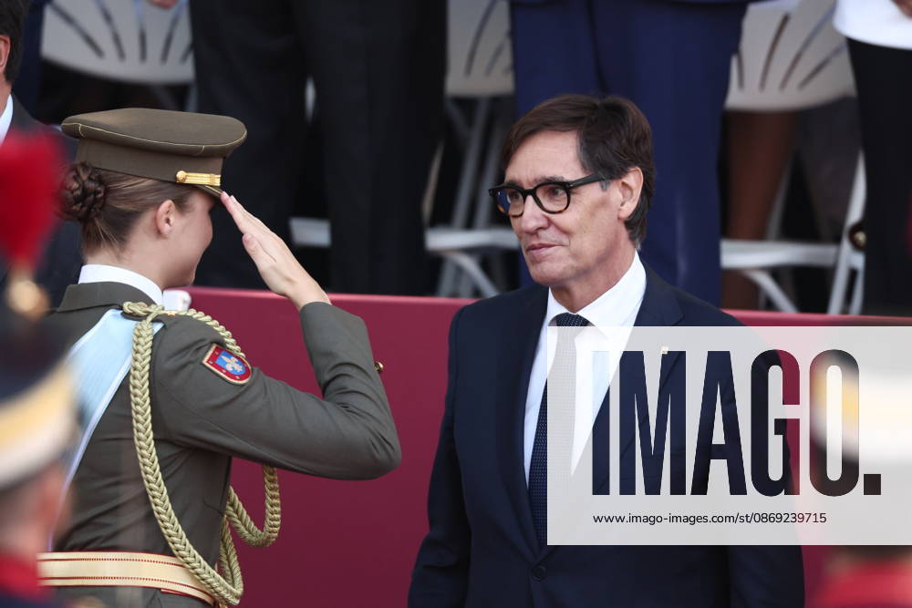October 12 Parade for Hispanic Heritage Day: Princess Leonor greets the president of the Generalitat de Catalunya, Salvador Illa, during the solemn ceremony honoring the national flag and the military parade for October 12, Hispanic Heritage Day, in Plaza de Cánovas del Castillo, on October 12, 2026, in Madrid, Spain. The events begin with the raising of the flag and are followed by a tribute to those who gave their lives for the country. Subsequently, the military air and ground parades begin. Approximately 4,400 members of the Armed Forces, the security forces, and various civilian public institutions are participating this year in the parade presided over by the King and Queen. The aerial parade featured 50 fighter, training, and transp