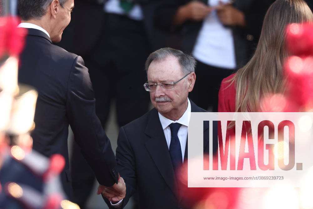 October 12 Parade for Hispanic Heritage Day: Prime Minister Pedro Sánchez i greets the President of Ceuta, Juan Jesús Vivas, during the solemn ceremony honoring the national flag and the military parade for October 12, Hispanic Heritage Day, in Plaza de Cánovas del Castillo, on October 12, 2026, in Madrid, Spain. The events begin with the flag-raising ceremony and are followed by a tribute to those who gave their lives for the country. Subsequently, the military air and ground parades begin. Approximately 4,400 members of the Armed Forces, the security forces, and various civilian public institutions are participating this year in the parade presided over by the King and Queen. The aerial parade featured 50 fighter, training, and transport