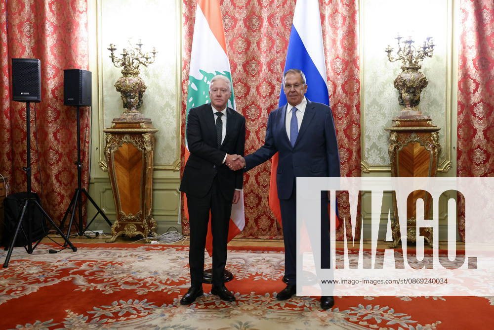 RUSSIA, MOSCOW - OCTOBER 12, 2026: Youssef Rajji (L), Lebanon s Minister of Foreign Affairs and Emigrants, and Sergei Lavrov, Russia s Foreign Minister, shake hands during a meeting at the Reception House of the Foreign Ministry. Artyom Geodakyan TASS 99172278