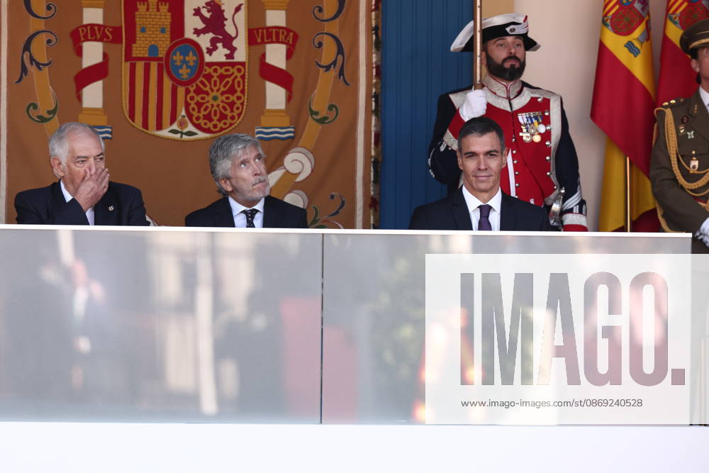 October 12 Parade for Hispanic Heritage Day I D The president of the Constitutional Court, Cándido Conde Pumpido; the Minister of the Interior, Fernando Grande Marlaska; and Prime Minister Pedro Sánchez, during the solemn ceremony honoring the national flag and the military parade for October 12, Hispanic Heritage Day, in the Plaza de Cánovas del Castillo, on October 12, 2026, in Madrid, Spain. The ceremonies begin with the raising of the flag and are followed by a tribute to those who gave their lives for the country. Subsequently, the military air and ground parades begin. Approximately 4,400 members of the Armed Forces, the security forces, and various civilian public institutions are participating this year in the parade presided over