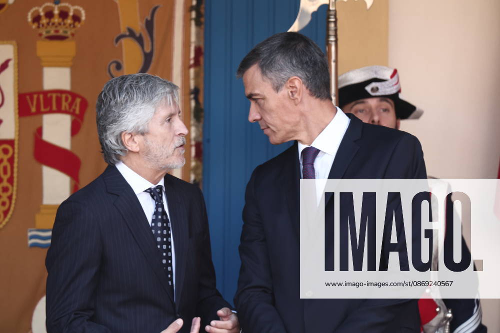 October 12 Parade for Hispanic Heritage Day: Interior Minister Fernando Grande Marlaska, and Prime Minister Pedro Sánchez, during the solemn ceremony honoring the national flag and the military parade for October 12, Hispanic Heritage Day, in Plaza de Cánovas del Castillo, on October 12, 2026, in Madrid, Spain. The events begin with the flag-raising ceremony and are followed by a tribute to those who gave their lives for the country. Subsequently, the military air and ground parades begin. Approximately 4,400 members of the Armed Forces, the security forces, and various civilian public institutions are participating this year in the parade presided over by the King and Queen. The aerial parade featured 50 fighter, training, and transport a