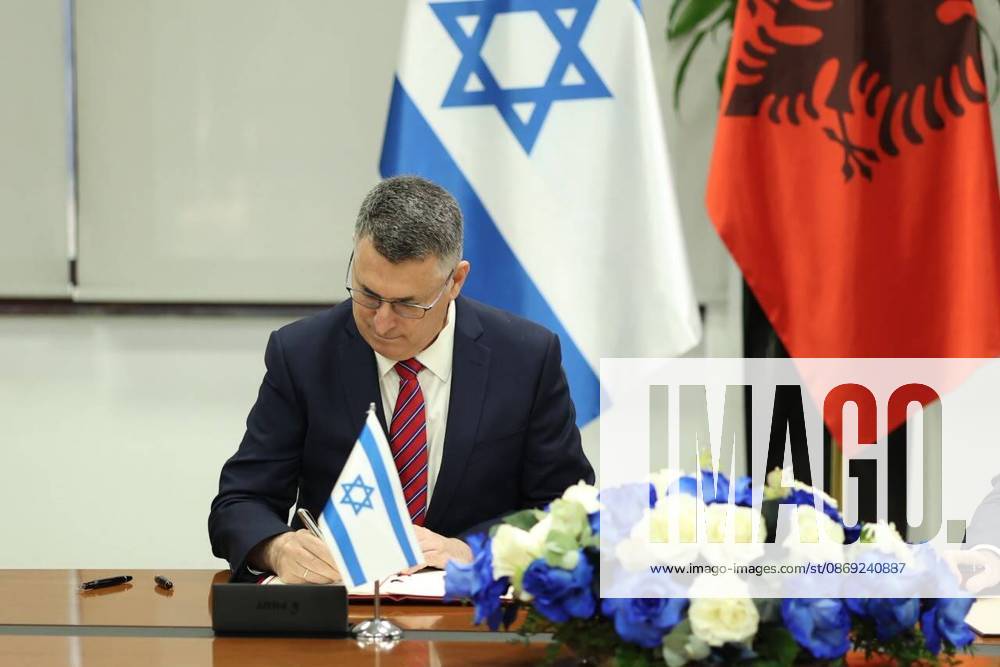 Ferit Hoxha - Gideon Sa ar meeting in Tirana TIRANA, ALBANIA - OCTOBER 12: (---- – MANDATORY CREDIT - ALBANIAN FOREIGN MINISTRY HANDOUT - NO MARKETING NO ADVERTISING CAMPAIGNS - DISTRIBUTED AS A SERVICE TO CLIENTS----) Albanian Minister for Europe and Foreign Affairs Ferit Hoxha (not seen) meets with Israeli Foreign Minister Gideon Sa ar, in Tirana, Albania, on October 12, 2026. During the meeting, Hoxha and Sa ar signed a General Cooperation Agreement aimed at strengthening the partnership between the two countries. Albanian Foreign Ministry Handout Anadolu Tirana Albania. Editorial use only. Please get in touch for any other usage.