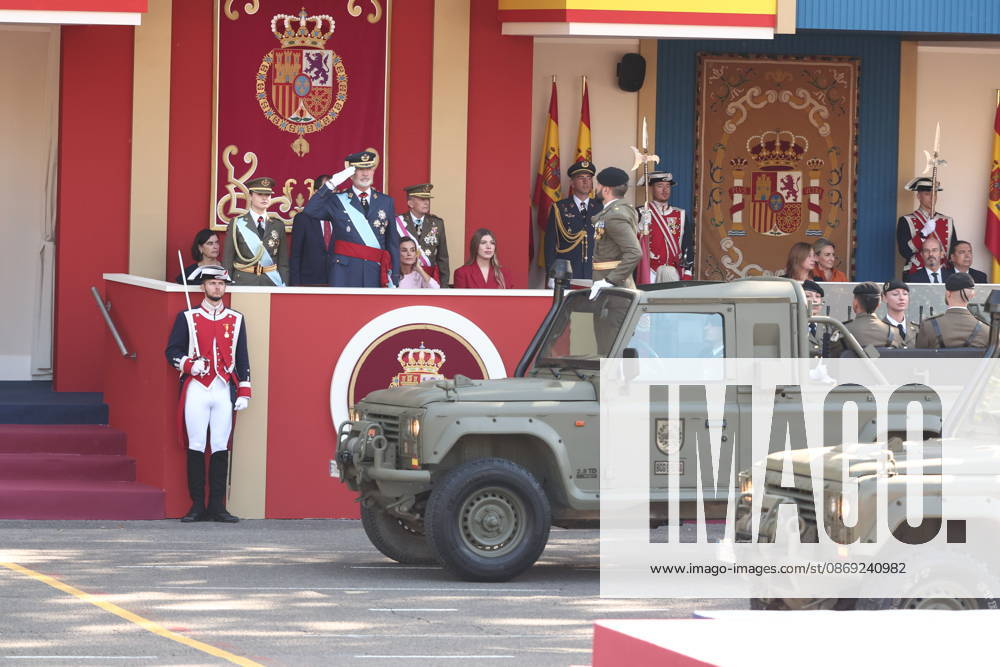 October 12 Parade for Hispanic Heritage Day King Felipe VI during the solemn ceremony honoring the national flag and the military parade for October 12, Hispanic Heritage Day, in the Plaza de Cánovas del Castillo, on October 12, 2026, in Madrid, Spain. The events begin with the raising of the flag and are followed by a tribute to those who gave their lives for the country. Subsequently, the military air and ground parades begin. Approximately 4,400 members of the Armed Forces, the security forces, and various civilian public institutions are participating this year in the parade presided over by the King and Queen. The aerial parade featured 50 fighter, training, and transport aircraft, as well as around 30 helicopters. On the ground, appr