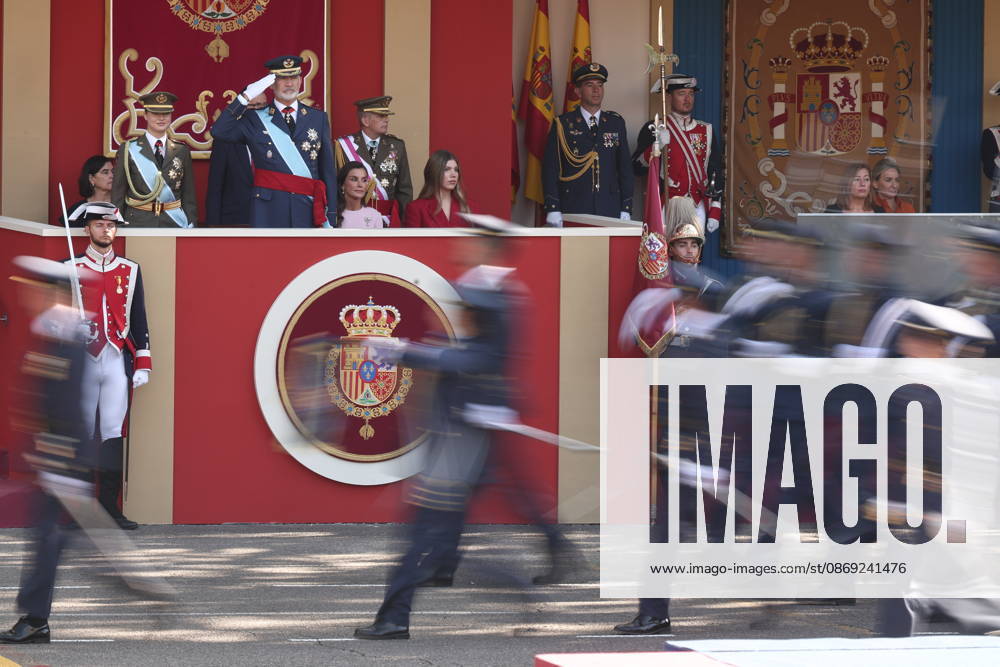 October 12 Parade for Hispanic Heritage Day I D Princess Leonor, King Felipe VI, Queen Letizia, and Infanta Sofía, during the solemn ceremony honoring the national flag and the military parade for October 12, Hispanic Heritage Day, in the Plaza de Cánovas del Castillo, on October 12, 2026, in Madrid, Spain. The ceremonies begin with the raising of the flag and are followed by a tribute to those who gave their lives for the country. Subsequently, the military air and ground parades begin. Approximately 4,400 members of the Armed Forces, the security forces, and various civilian public institutions are participating this year in the parade presided over by the King and Queen. The aerial parade featured 50 fighter, training, and transport air