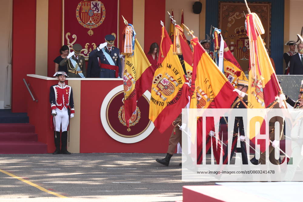 October 12 Parade for Hispanic Heritage Day I D Princess Leonor, King Felipe VI, Queen Letizia, and Infanta Sofía, during the solemn ceremony honoring the national flag and the military parade for October 12, Hispanic Heritage Day, in the Plaza de Cánovas del Castillo, on October 12, 2026, in Madrid, Spain. The ceremonies begin with the raising of the flag and are followed by a tribute to those who gave their lives for the country. Subsequently, the military air and ground parades begin. Approximately 4,400 members of the Armed Forces, the security forces, and various civilian public institutions are participating this year in the parade presided over by the King and Queen. The aerial parade featured 50 fighter, training, and transport air
