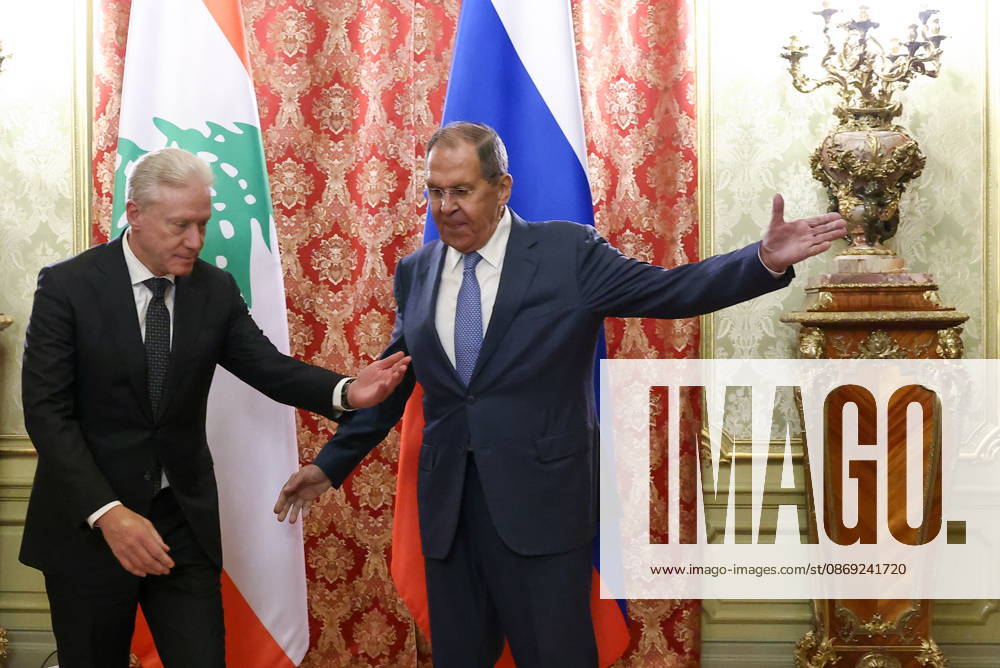 RUSSIA, MOSCOW - OCTOBER 12, 2026: Youssef Rajji (L), Lebanon s Minister of Foreign Affairs and Emigrants, and Sergei Lavrov, Russia s Foreign Minister, arrive for a meeting at the Reception House of the Foreign Ministry Moscow Russia - ZUMAt113 20261012_zaa_t113_065