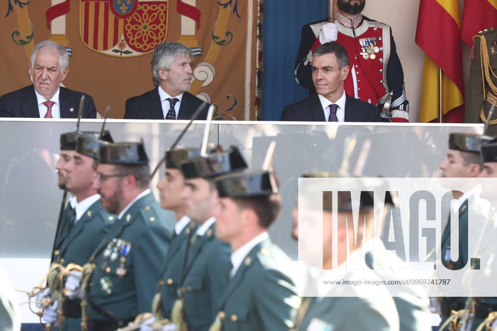 October 12 Parade for Hispanic Heritage Day I D The president of the Constitutional Court, Cándido Conde Pumpido; the Minister of the Interior, Fernando Grande Marlaska; and Prime Minister Pedro Sánchez, during the solemn ceremony honoring the national flag and the military parade for October 12, Hispanic Heritage Day, in the Plaza de Cánovas del Castillo, on October 12, 2026, in Madrid, Spain. The ceremonies begin with the raising of the flag and are followed by a tribute to those who gave their lives for the country. Subsequently, the military air and ground parades begin. Approximately 4,400 members of the Armed Forces, the security forces, and various civilian public institutions are participating this year in the parade presided over