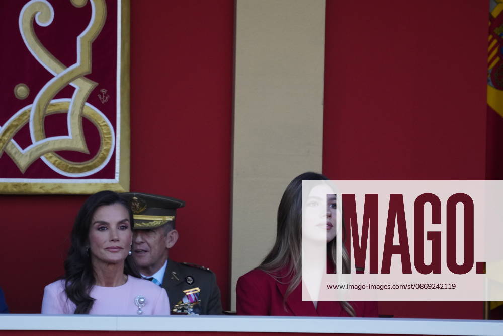 Madrid Princess Sofia and Queen Letizia attend the tribute ceremony to the national flag and the military parade during the National Day, Dia de la Hispanidad, at Plaza de Canovas del Castillo in Madrid. No Spain Â