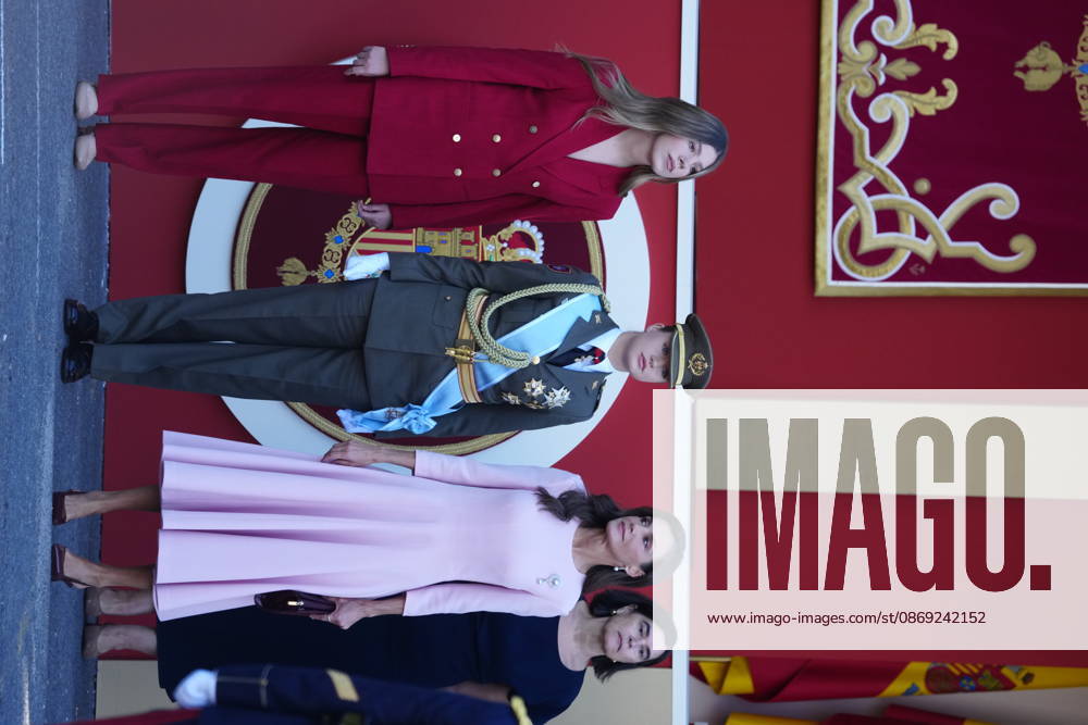 Madrid Princess Leonor and Princess Sofia and Queen Letizia attend the tribute ceremony to the national flag and the military parade during the National Day, Dia de la Hispanidad, at Plaza de Canovas del Castillo in Madrid. No Spain Â
