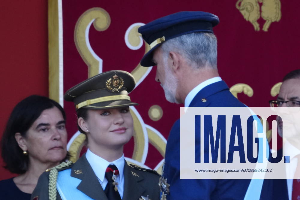 Madrid Princess Leonor and King Felipe attend the tribute ceremony to the national flag and the military parade during the National Day, Dia de la Hispanidad, at Plaza de Canovas del Castillo in Madrid. No Spain Â