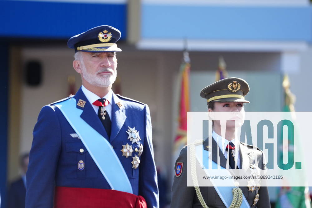 Madrid Princess Leonor and King Felipe attend the tribute ceremony to the national flag and the military parade during the National Day, Dia de la Hispanidad, at Plaza de Canovas del Castillo in Madrid. No Spain Â