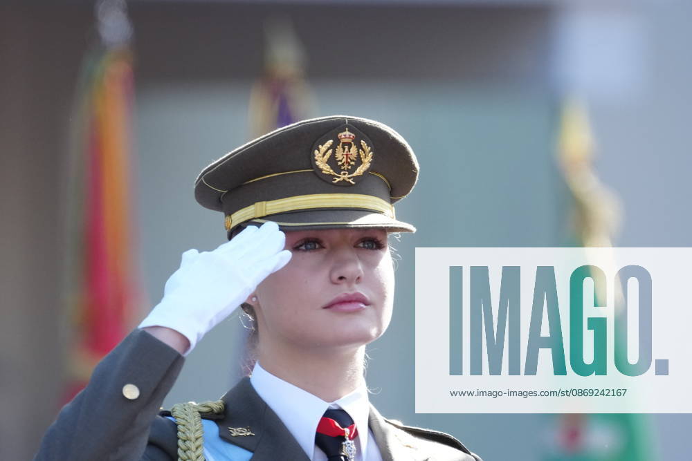 Madrid Princess Leonor and Princess Sofia and Queen Letizia and King Felipe attend the tribute ceremony to the national flag and the military parade during the National Day, Dia de la Hispanidad, at Plaza de Canovas del Castillo in Madrid. No Spain Â