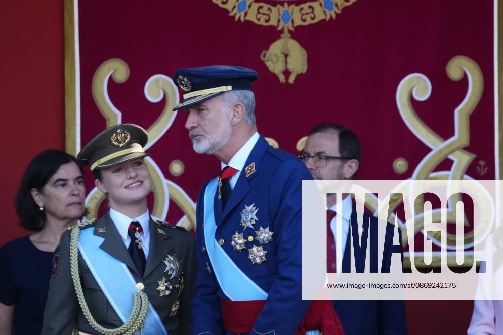 Madrid Princess Leonor and King Felipe attend the tribute ceremony to the national flag and the military parade during the National Day, Dia de la Hispanidad, at Plaza de Canovas del Castillo in Madrid. No Spain Â