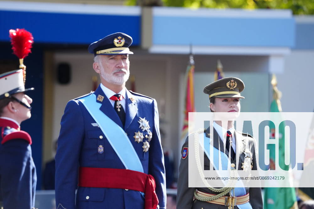 Madrid Princess Leonor and King Felipe attend the tribute ceremony to the national flag and the military parade during the National Day, Dia de la Hispanidad, at Plaza de Canovas del Castillo in Madrid. No Spain Â