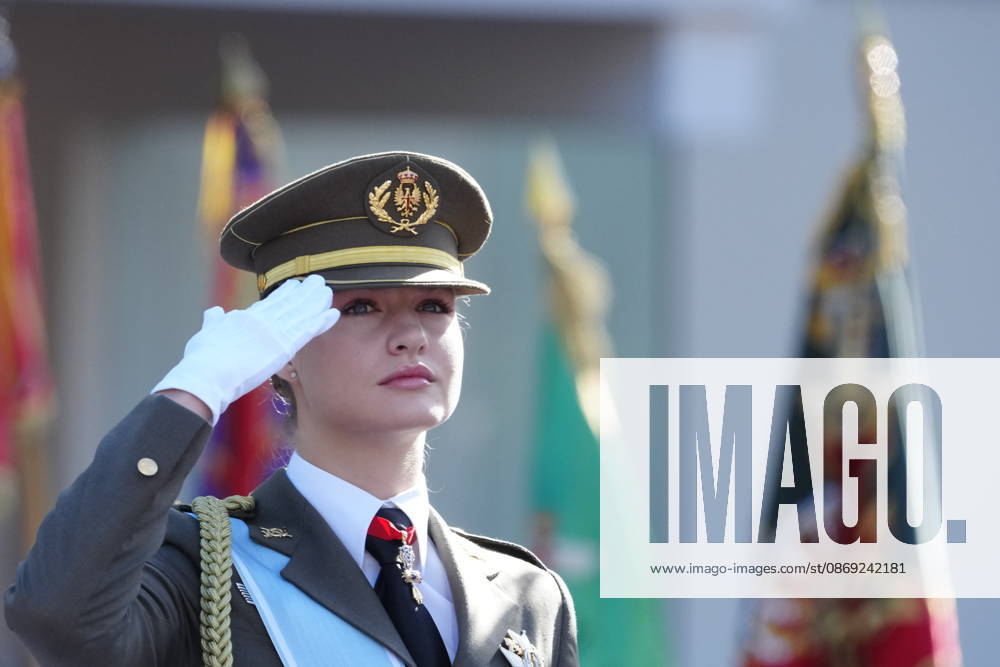 Madrid Princess Leonor and Princess Sofia and Queen Letizia and King Felipe attend the tribute ceremony to the national flag and the military parade during the National Day, Dia de la Hispanidad, at Plaza de Canovas del Castillo in Madrid. No Spain Â