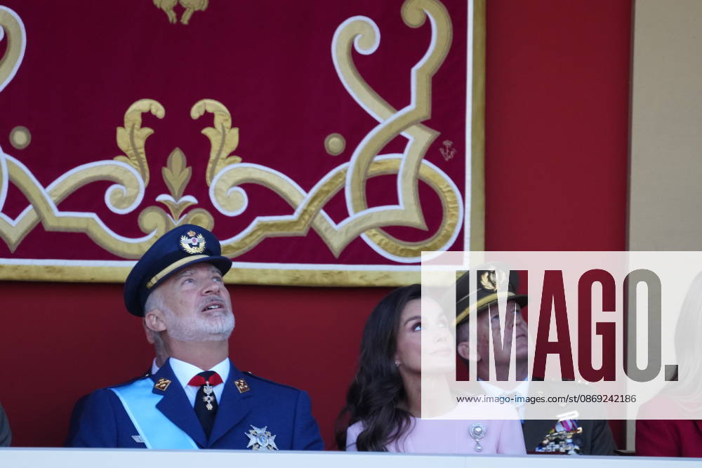 Madrid Princess Leonor and Princess Sofia and Queen Letizia and King Felipe attend the tribute ceremony to the national flag and the military parade during the National Day, Dia de la Hispanidad, at Plaza de Canovas del Castillo in Madrid. No Spain Â