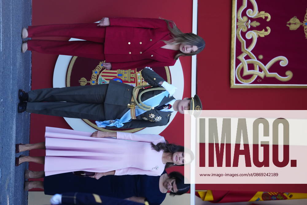 Madrid Princess Leonor and Princess Sofia and Queen Letizia attend the tribute ceremony to the national flag and the military parade during the National Day, Dia de la Hispanidad, at Plaza de Canovas del Castillo in Madrid. No Spain Â