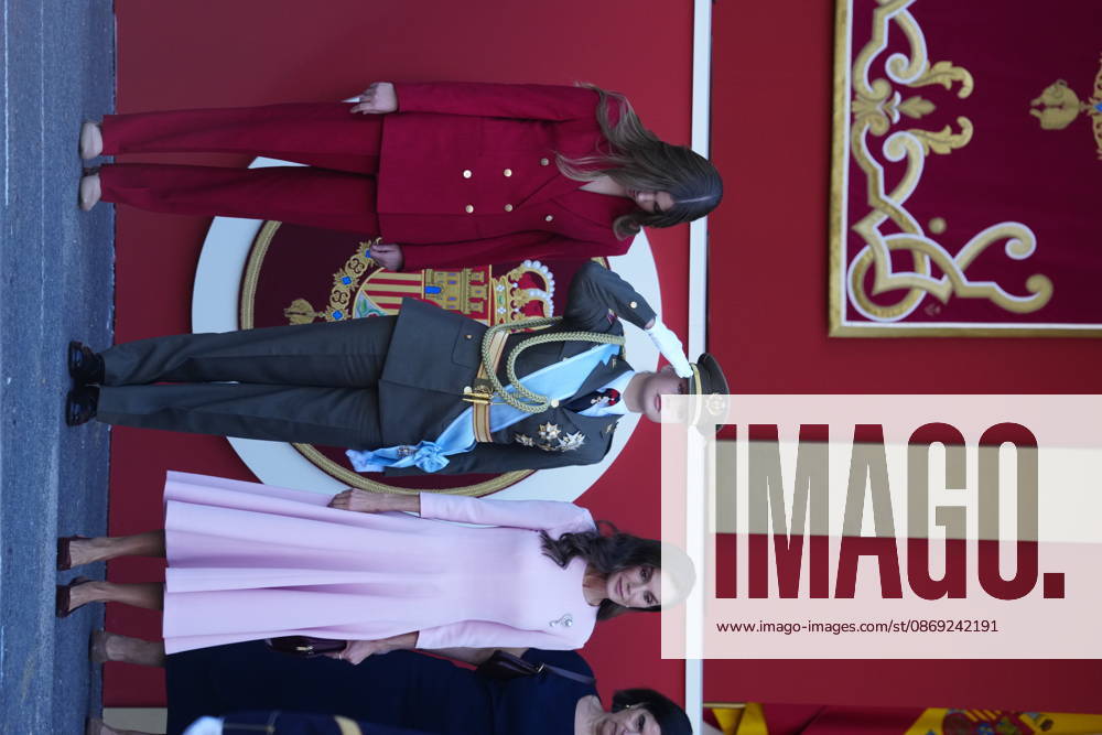 Madrid Princess Leonor and Princess Sofia and Queen Letizia attend the tribute ceremony to the national flag and the military parade during the National Day, Dia de la Hispanidad, at Plaza de Canovas del Castillo in Madrid. No Spain Â