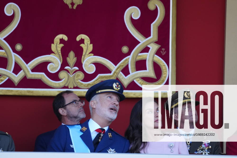 Madrid Princess Leonor and Princess Sofia and Queen Letizia and King Felipe attend the tribute ceremony to the national flag and the military parade during the National Day, Dia de la Hispanidad, at Plaza de Canovas del Castillo in Madrid. No Spain Â