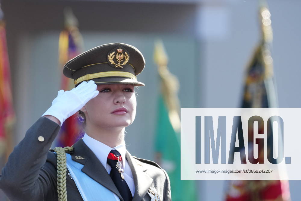 Madrid Princess Leonor and Princess Sofia and Queen Letizia and King Felipe attend the tribute ceremony to the national flag and the military parade during the National Day, Dia de la Hispanidad, at Plaza de Canovas del Castillo in Madrid. No Spain Â