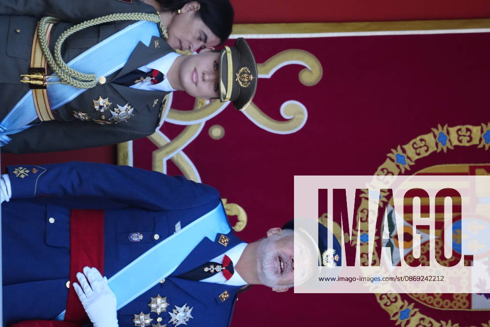 Madrid Princess Leonor and King Felipe attend the tribute ceremony to the national flag and the military parade during the National Day, Dia de la Hispanidad, at Plaza de Canovas del Castillo in Madrid. No Spain Â