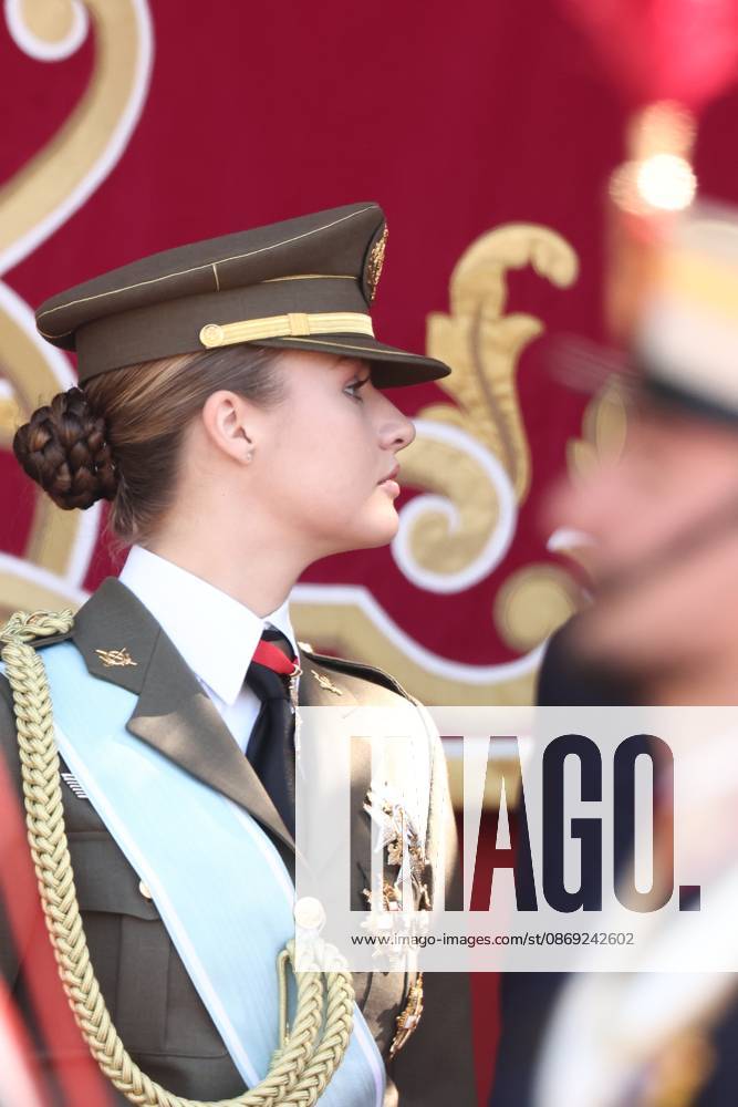 October 12 Parade for Hispanic Heritage Day Princess Leonor during the solemn ceremony honoring the national flag and the military parade for October 12, Hispanic Heritage Day, in Plaza de Cánovas del Castillo, on October 12, 2026, in Madrid, Spain. The events begin with the raising of the flag and are followed by a tribute to those who gave their lives for the country. Subsequently, the military air and ground parades begin. Approximately 4,400 members of the Armed Forces, the security forces, and various civilian public institutions are participating this year in the parade presided over by the King and Queen. The aerial parade featured 50 fighter, training, and transport aircraft, as well as around 30 helicopters. On the ground, some 14
