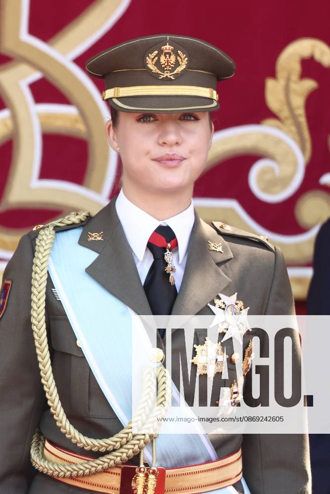 October 12 Parade for Hispanic Heritage Day Princess Leonor during the solemn ceremony honoring the national flag and the military parade for October 12, Hispanic Heritage Day, in Plaza de Cánovas del Castillo, on October 12, 2026, in Madrid, Spain. The events begin with the raising of the flag and are followed by a tribute to those who gave their lives for the country. Subsequently, the military air and ground parades begin. Approximately 4,400 members of the Armed Forces, the security forces, and various civilian public institutions are participating this year in the parade presided over by the King and Queen. The aerial parade featured 50 fighter, training, and transport aircraft, as well as around 30 helicopters. On the ground, some 14
