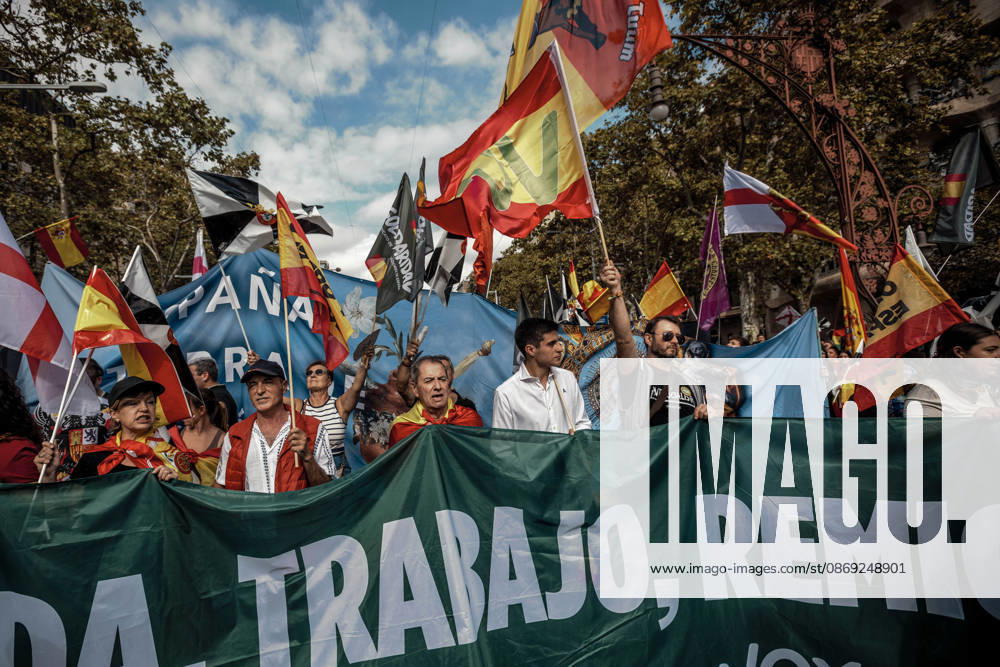 Demonstrators carry flags and banners during a rally marking Spainâ€⠢s National Day. Barcelona Spain - ZUMAo105 20261012_fap_o105_020