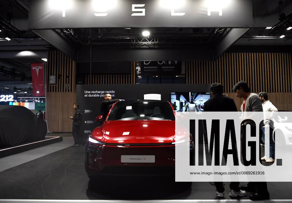 A general view shows the Tesla booth during the 2026 Paris Motor Show on October 12, 2026 in Paris, France. The Paris Motor Show, one of the world s largest auto exhibitions, opened its doors to showcase the latest innovations from global automakers.