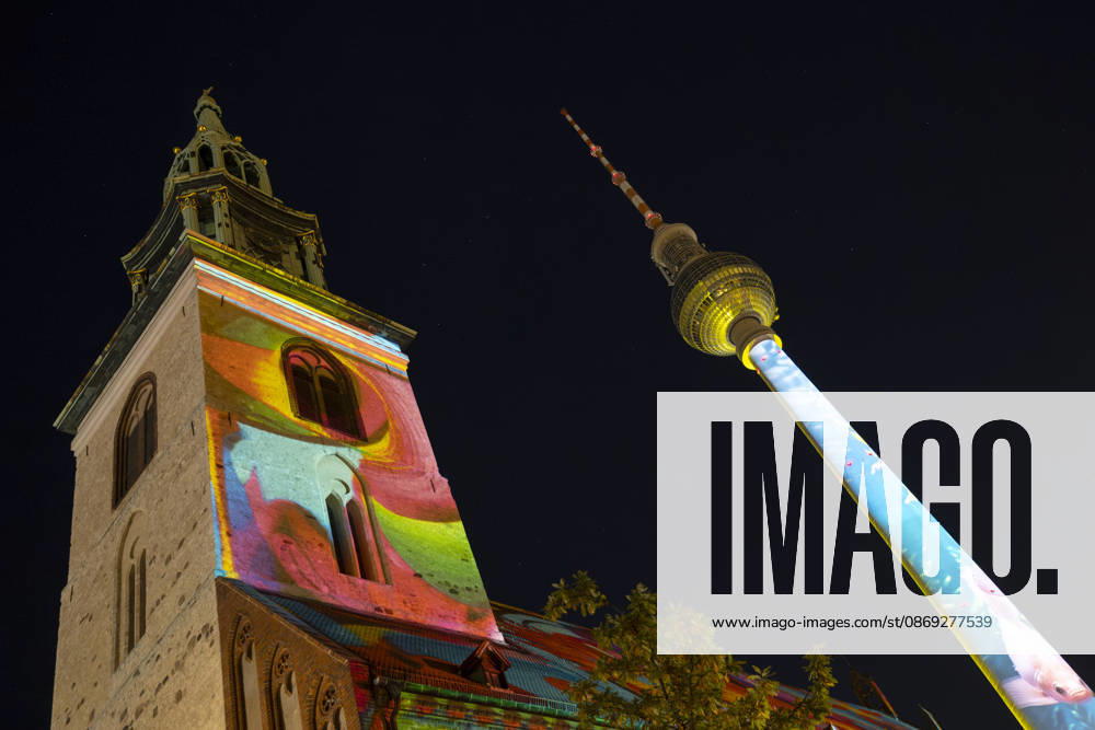 Festival of Lights , Lichterfest in der Innenstadt, Berlin, 10.10.2026 St. Marienkirche und Berliner Fernsehturm, 22. BERLIN FESTIVAL OF LIGHTS, Motto: Colours of Love, Lichtinstallationen, 12.10.2026, Berlin, Deutschland < english> St. Mary s Church and Berlin TV Tower, 22nd Berlin Festival of Lights, theme: Colours of Love, light installations, October 12, 2026, Berlin, Germany Berlin Innenstadt Berlin Deutschland, Germany