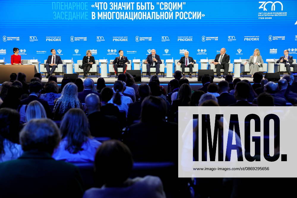 RUSSIA, MOSCOW - OCTOBER 13, 2026: Andrei Yemelyanov, Deputy Head of the Russian Federal Agency for the CIS, Compatriots Abroad, and International Humanitarian Cooperation (Rossotrudnichestvo), Maria Zakharova, Press Secretary of the Russian Foreign Ministry, Konstantin Bukreyev, First Deputy Head of the Ñitizenship and Foreign Citizens Registration Service under the Russian Interior Ministry, Magomedsalam Magomedov, Deputy Chief of Staff, Russian Presidential Executive Office, Vladimir Vasilyev, Vice Speaker of the Russian State Duma, Alexander Karelin of the Foreign Affairs Committee, Russian Federation Council, Irina Korotkova, Inconsult K CEO, and Ruslan Gagkuyev (L-R), Board Chairman of the Russian Historical Society, Executive Directo 99234092