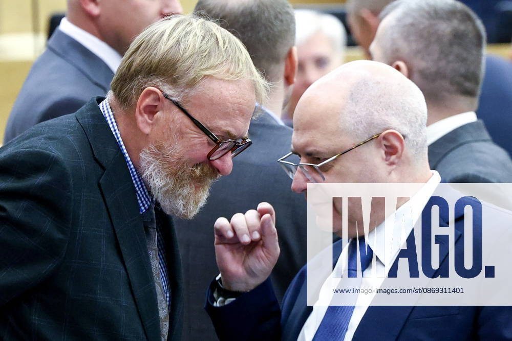 RUSSIA, MOSCOW - OCTOBER 13, 2026: Russian State Duma memberû Vitaly Milonov (L) and Sergei Gavrilov attend a plenary meeting of the Russian State Duma. Russian State Duma Press Office TASS 99238839