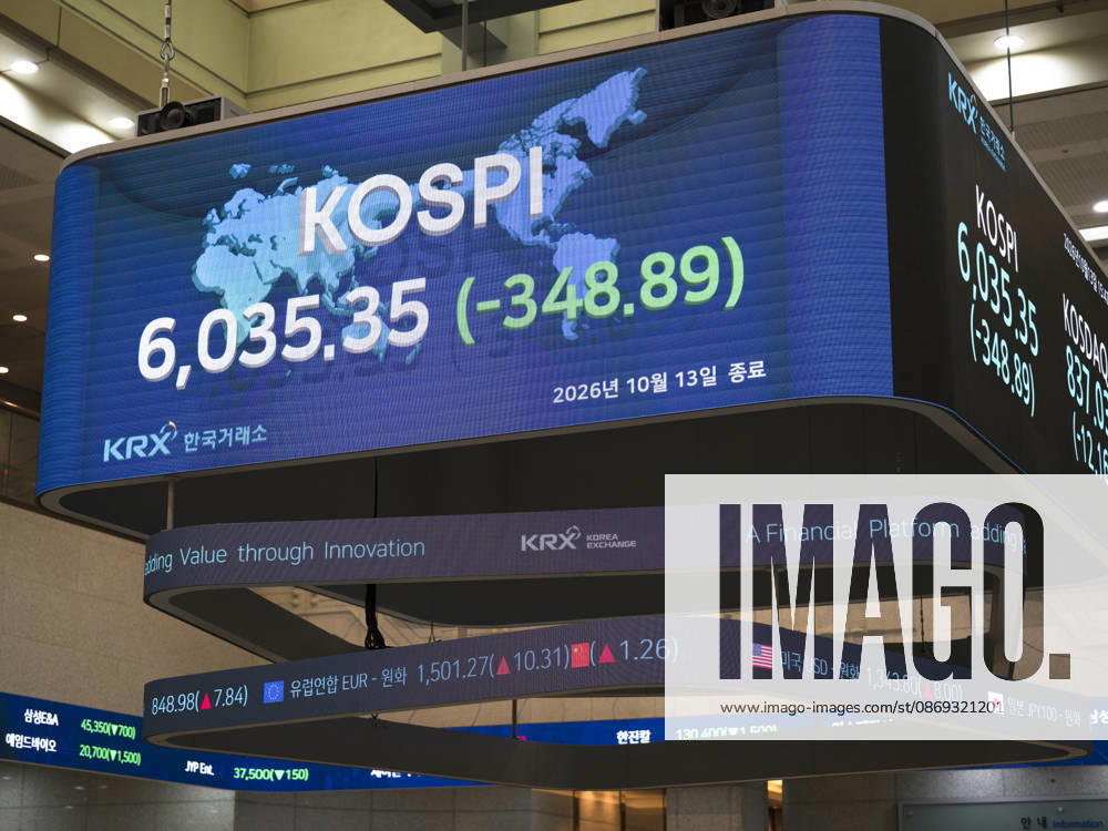 South Korea Stocks Plunge As KOSPI Drops Sharply At KRX In Seoul The main overhead electronic ticker at the Korea Exchange (KRX) in Yeouido, Seoul, South Korea, displays the closing KOSPI index at 6,035.35, down 348.89 points, on October 13, 2026. Seoul Seoul South Korea